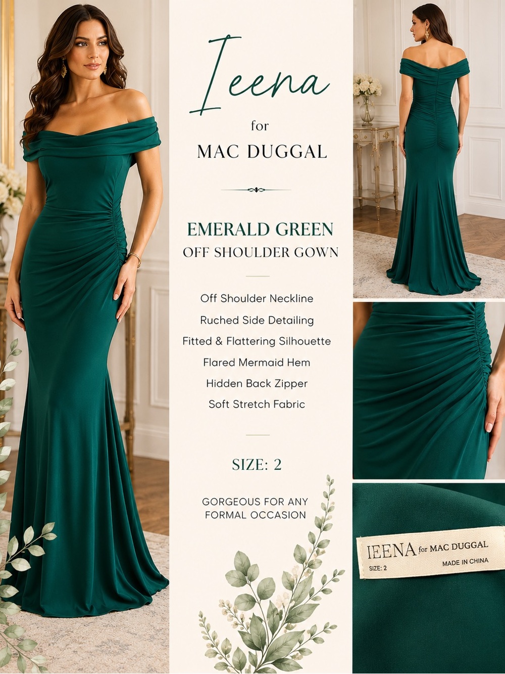 Ieena Mac Duggal Emerald Ruched Evening Gown Formal Dress 2